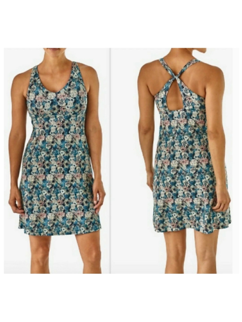 Patagonia Teal Floral Cross-Back Magnolia Hiking Pickle Ball Dress. Size Small